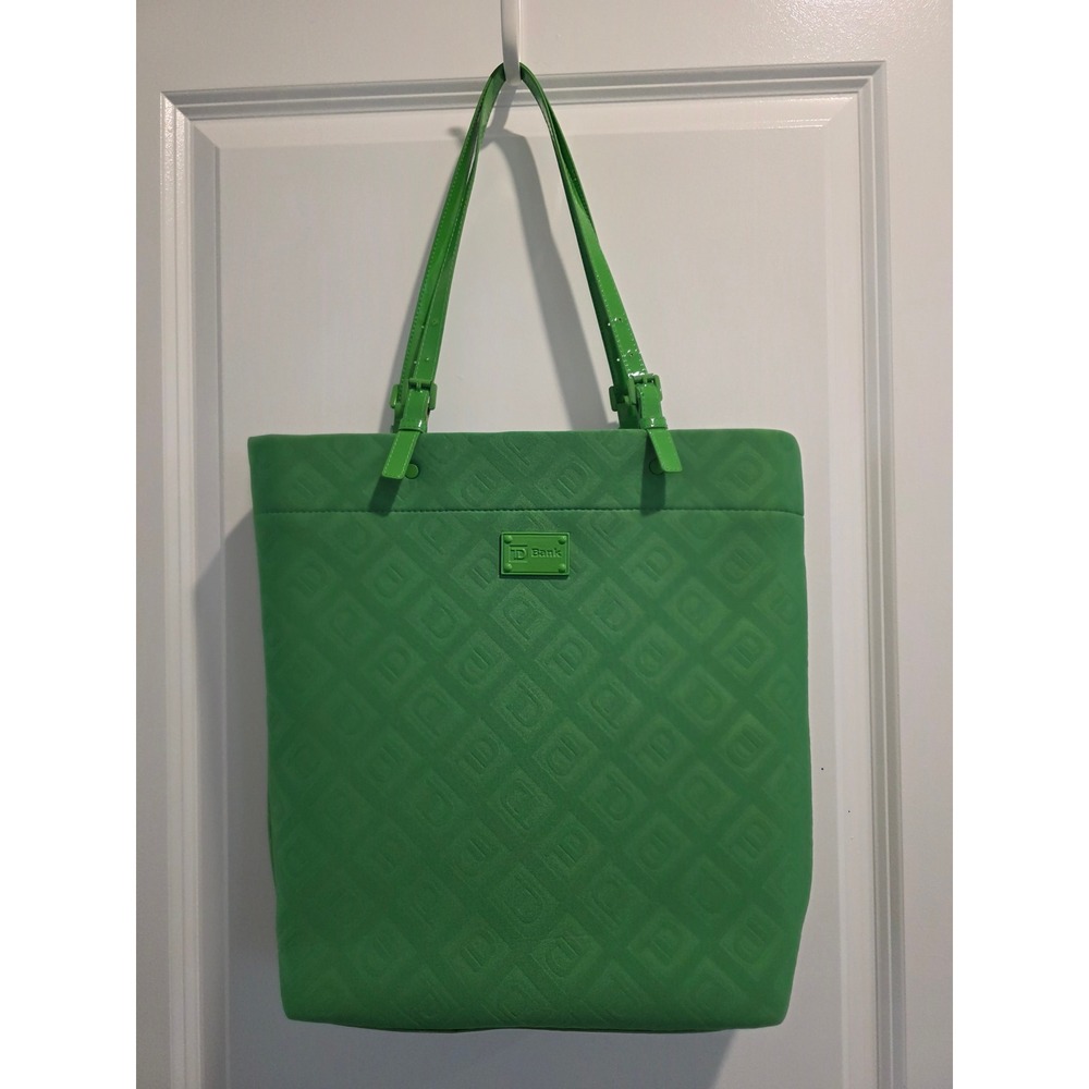 TD Bank Green Embossed Logo Tote Bag Adjustable Patent Straps Large Shoulder Bag
